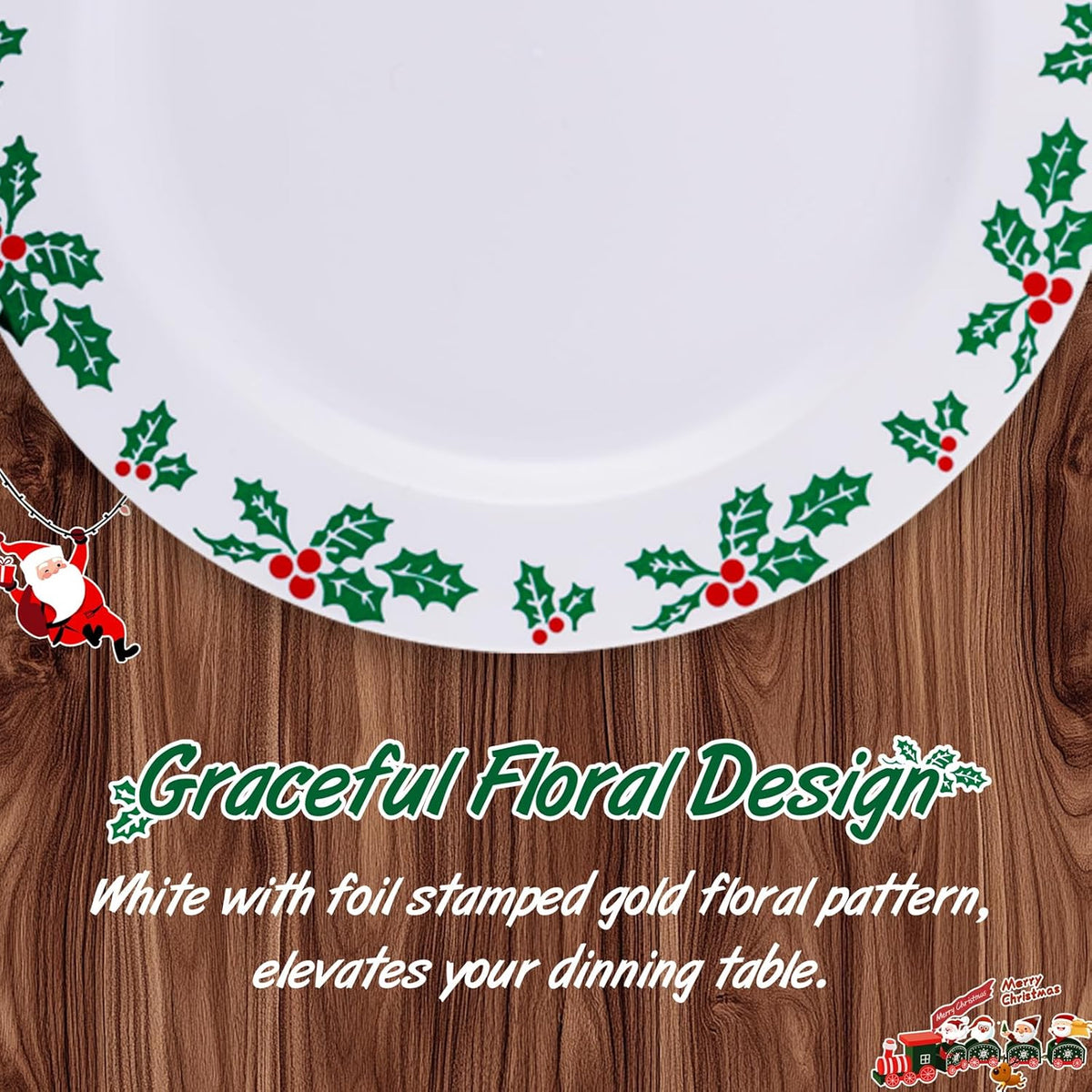 WDF 350pcs Christmas Plates and Napkins Set - Exquisite Holly Design - Christmas Dinnerware Set of