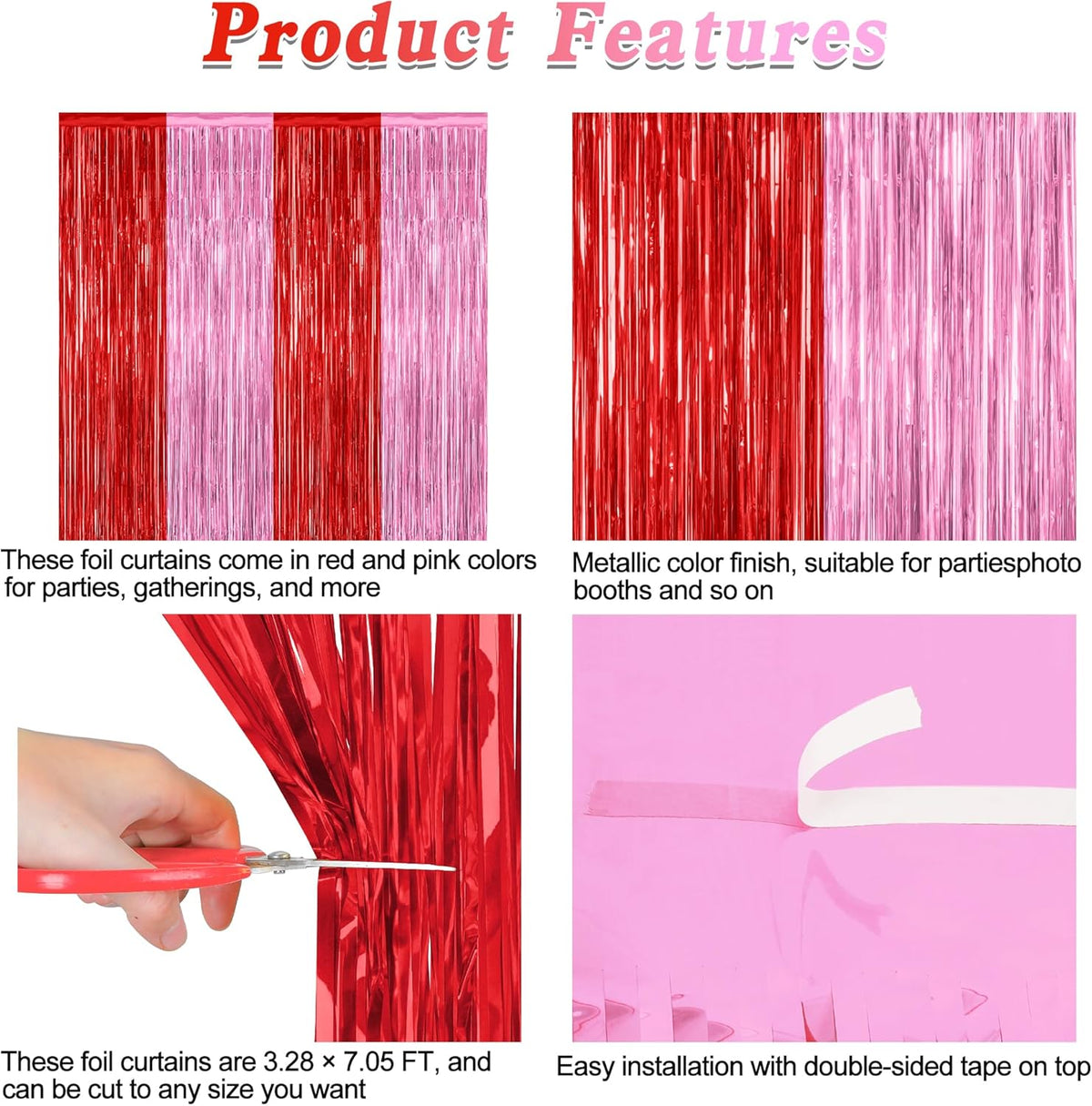 2 Pack Backdrop Curtains, 3.28 Feet x 7.05 Feet Red Pink Backdrop, Metallic Fringe Curtains Tinsel