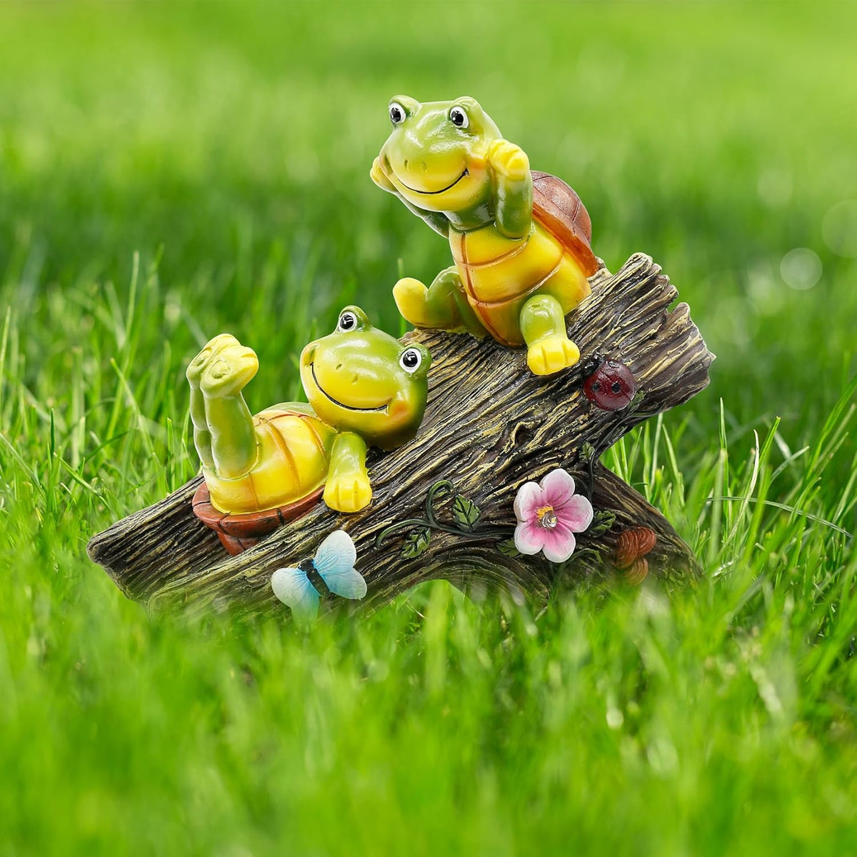 Garden Turtle Figurines Outdoor Decorations, Solar Statue Sweet Frog Face Turtles Decor with 4 LED