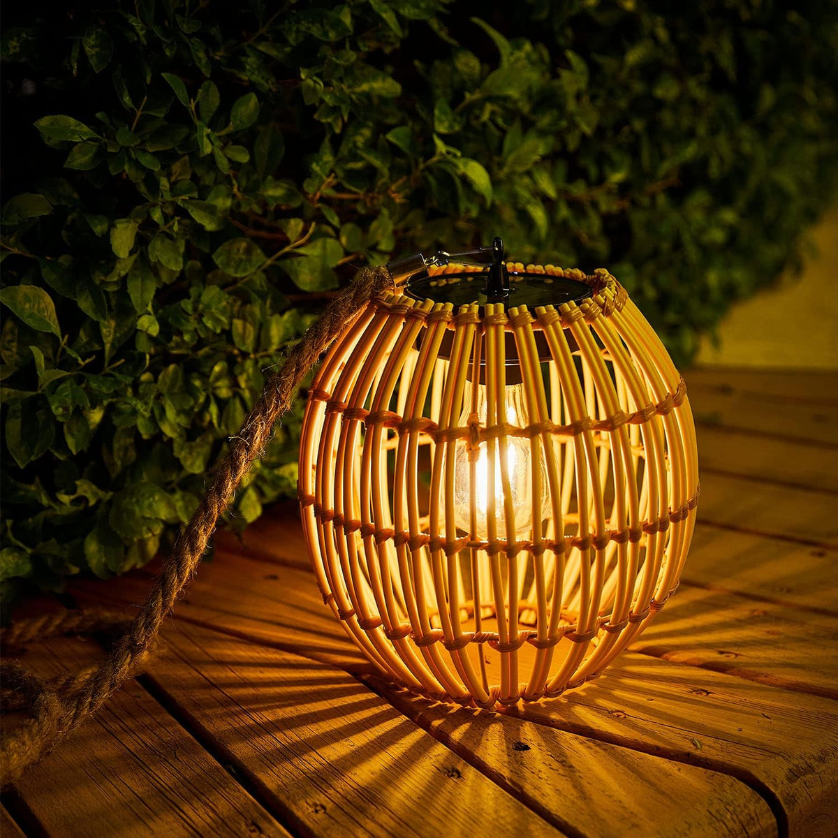 Livinlarge Hanging Solar Lantern Outdoor Waterproof, Large Solar Rattan Lantern Outdoor with Twine