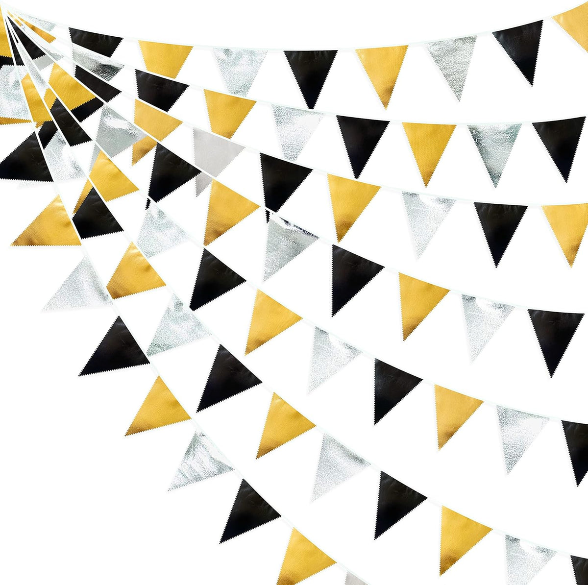 Black Gold Silver Party Decoration Triangle Pennant Banner Flag Metallic Fabric Bunting Garland for