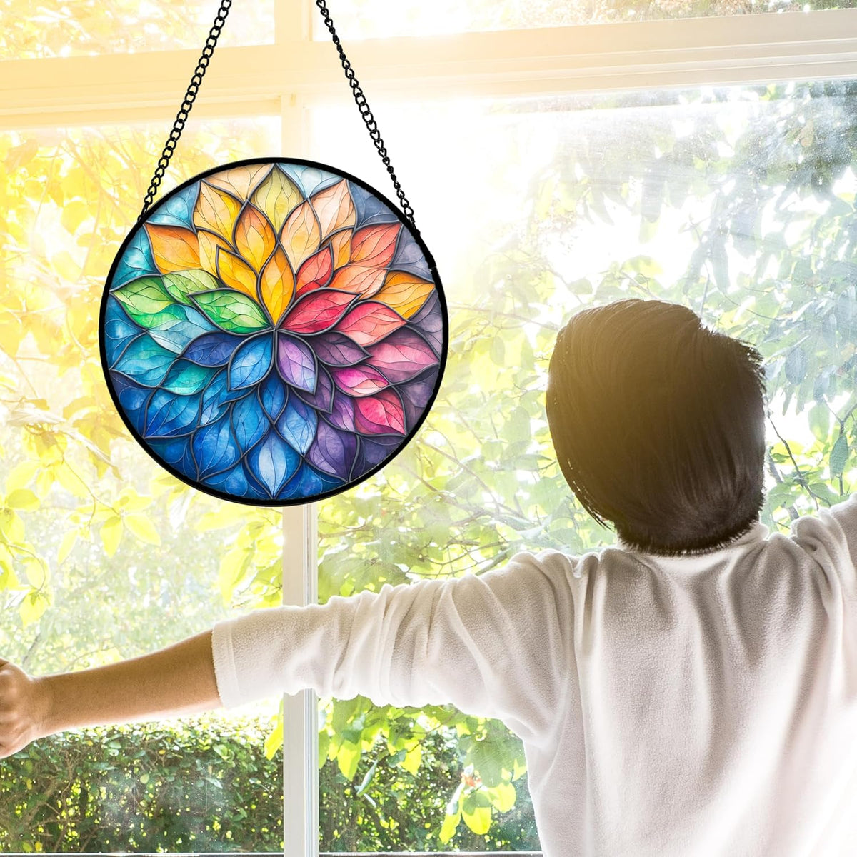 Stained Glass Window Hanging, Colorful Flower Petals Sun Catchers Diamond Glass Panel Hangings