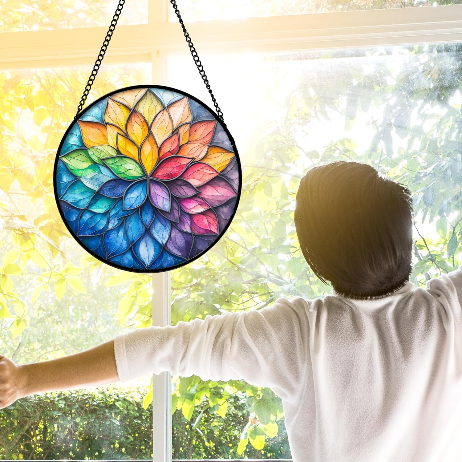 Stained Glass Window Hanging, Colorful Flower Petals Sun Catchers Diamond Glass Panel Hangings