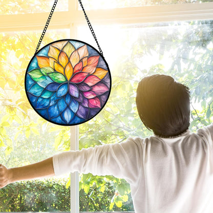 Stained Glass Window Hanging, Colorful Flower Petals Sun Catchers Diamond Glass Panel Hangings