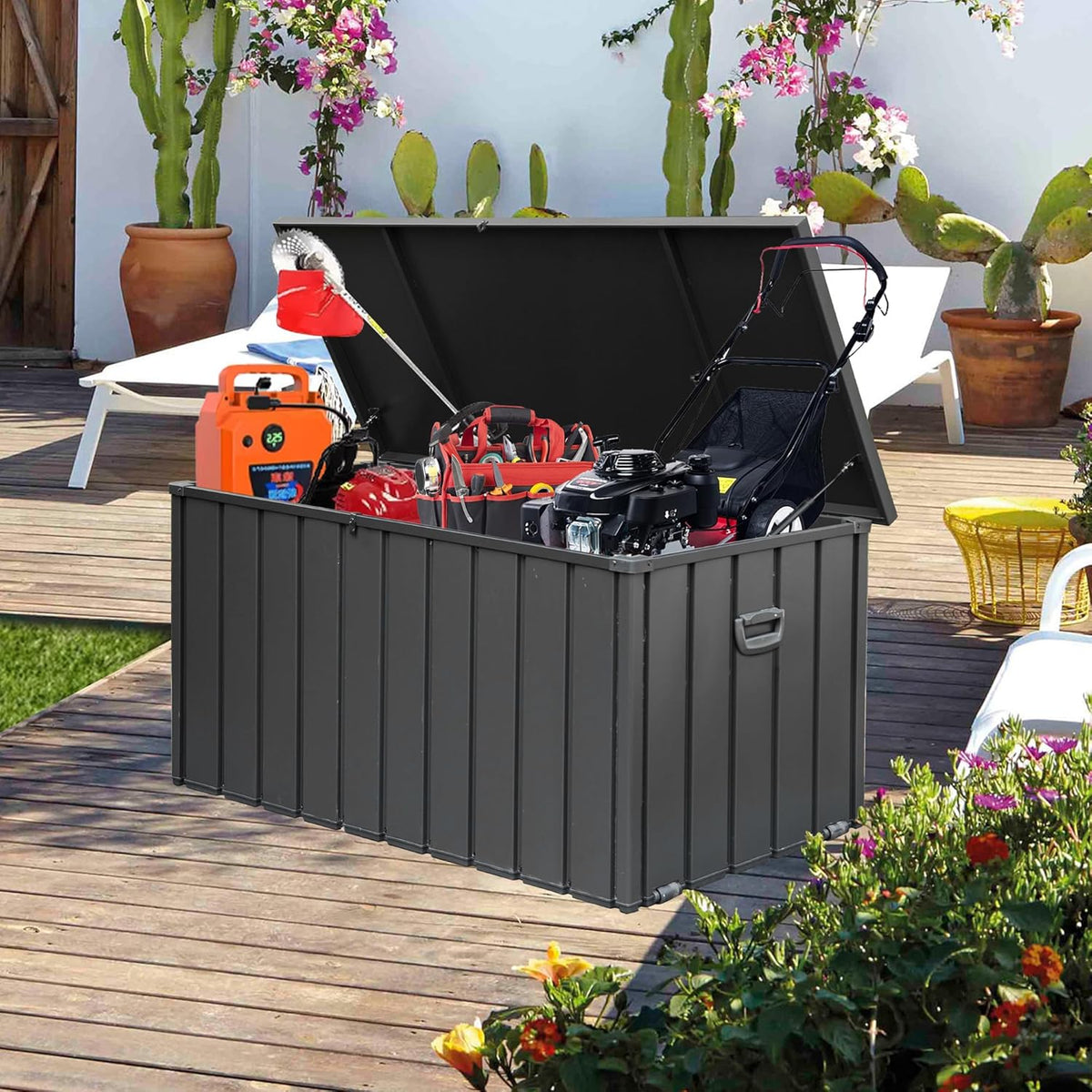 Domi 160 Gallon Deck Box, Outdoor Metal Lockable Storage Cabinet, Waterproof Steel Outdoor Bench