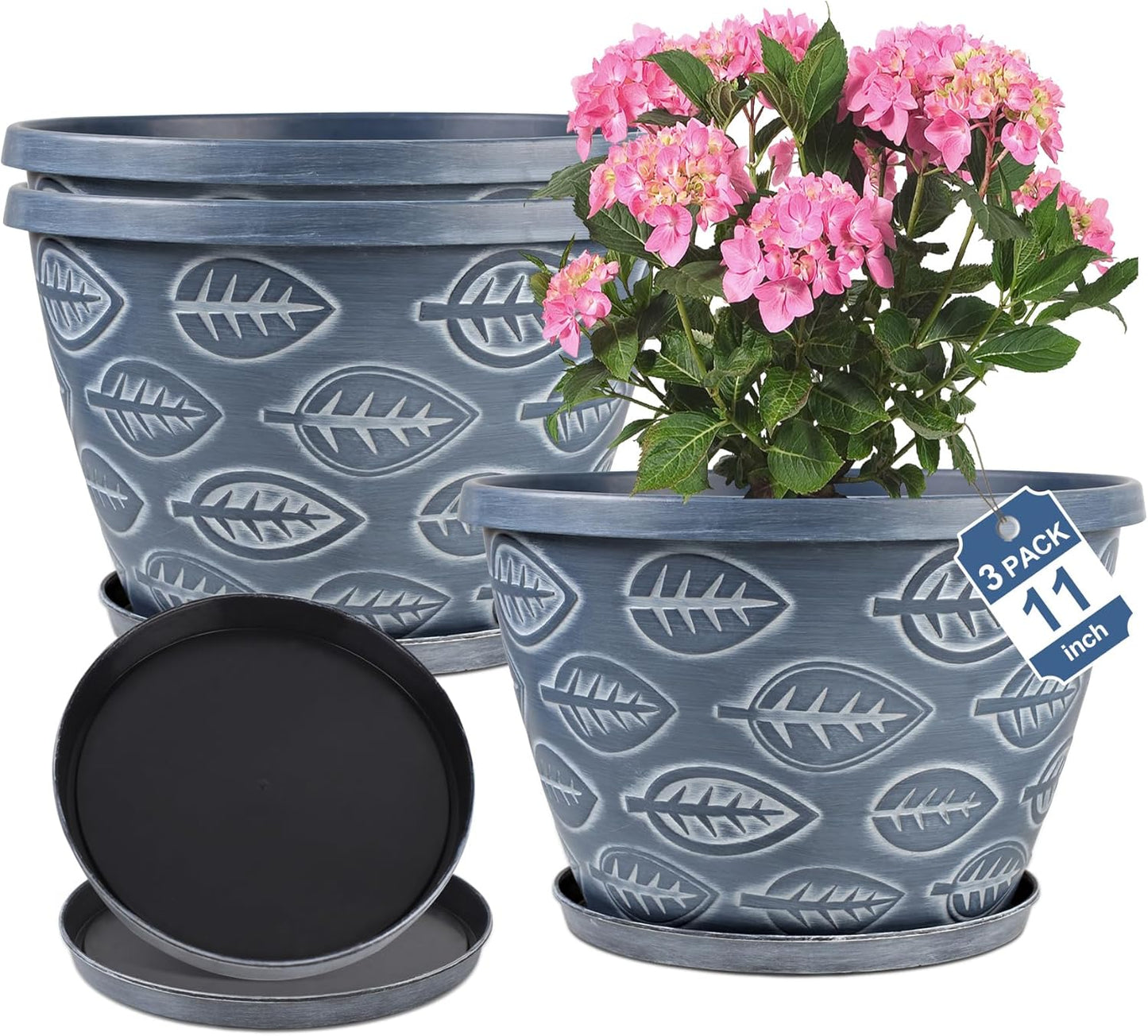 Outdoor Flower Pots for Plants Set of 3 Pack 11 Inch Planter Pot, Large Plastic Plant Pots Indoor