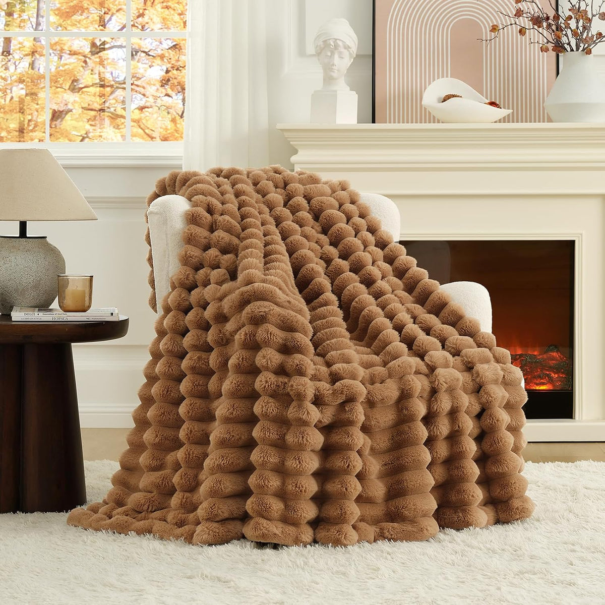 Cozy Bliss Faux Fur Throw Blanket for Couch, Cozy Warm Plush Striped Blanket for Sofa Bedroom