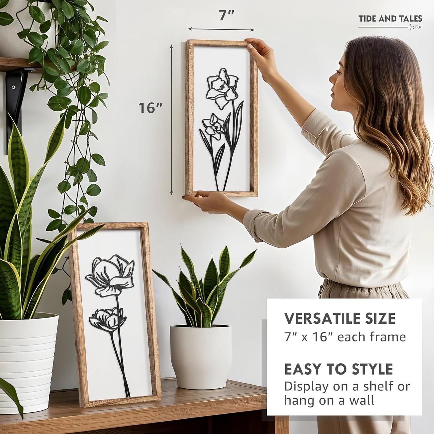 3D Black and White Wall Art (Set of 2) Lightweight, Wooden Ready-to-Hang Framed Floral Wall Art for