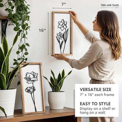 3D Black and White Wall Art (Set of 2) Lightweight, Wooden Ready-to-Hang Framed Floral Wall Art for
