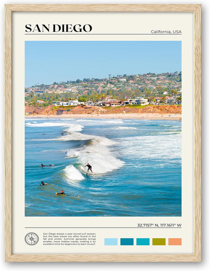 HesenDot Natural OAK Wood San Diego Surfing Framed Wall Art,12x16in Natural Seascape Canvas Wall