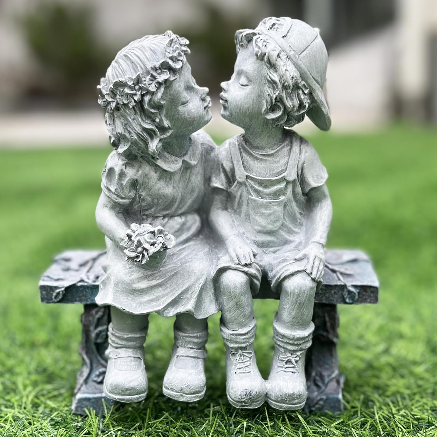 Elenon Boy and Girl Garden Statue Outdoor Decorative, Couple First Kiss Garden Sculpture for Yard