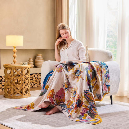 Boho Throw Blanket, 100% Cotton Ultra Soft Luxury Throw Rustic Quilt, 50"x60" Floral Bird Butterfly