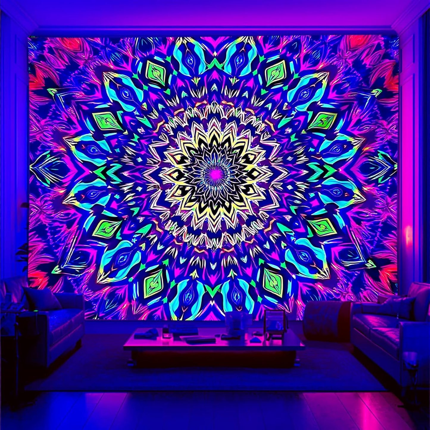 Blacklight Mandala Tapestry for Bedroom, XL Black Light Posters for Adults and Teens, Colorful UV