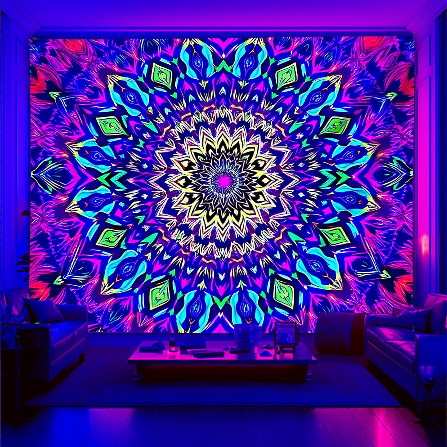 Blacklight Mandala Tapestry for Bedroom, XL Black Light Posters for Adults and Teens, Colorful UV
