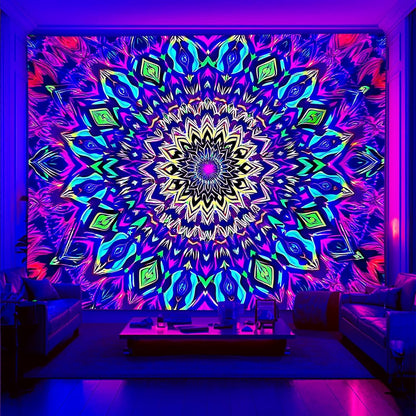 Blacklight Mandala Tapestry for Bedroom, XL Black Light Posters for Adults and Teens, Colorful UV
