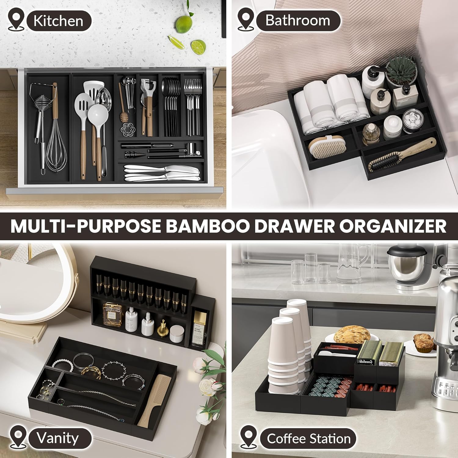 Kitchen Drawer Organizer Bins, Stackable Bamboo Drawer Organizer for Silverware, Flatware, Deep
