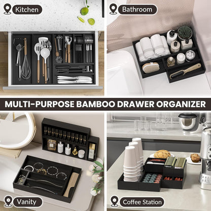 Kitchen Drawer Organizer Bins, Stackable Bamboo Drawer Organizer for Silverware, Flatware, Deep