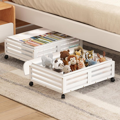 Under Bed Storage Containers With Wheels - 2 Pcs Bamboo Wood Rolling Underbed Shoe Storage Bins