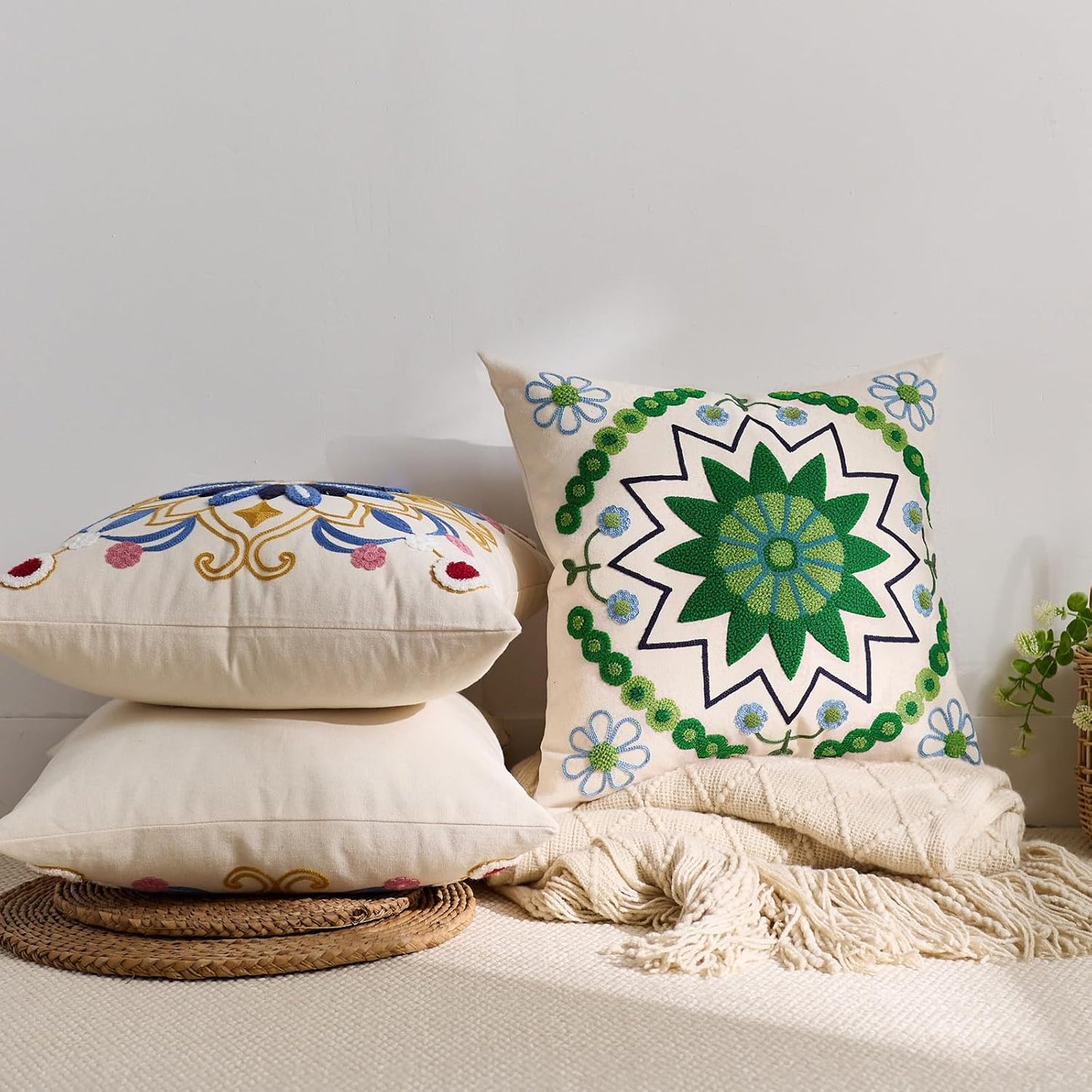 Embroidered Throw Pillow Cover 18x18 Classic Boho Floral Pattern Pillows Cover Outdoor Decorative