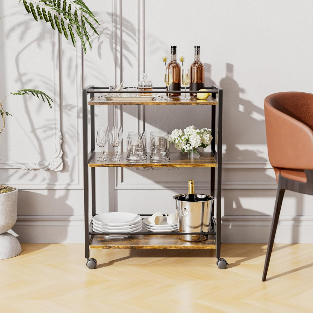 HITNET Bar Cart for The Home, Home Bar Serving Cart with Wheels and Storage Shelves, 3 Tier Rolling