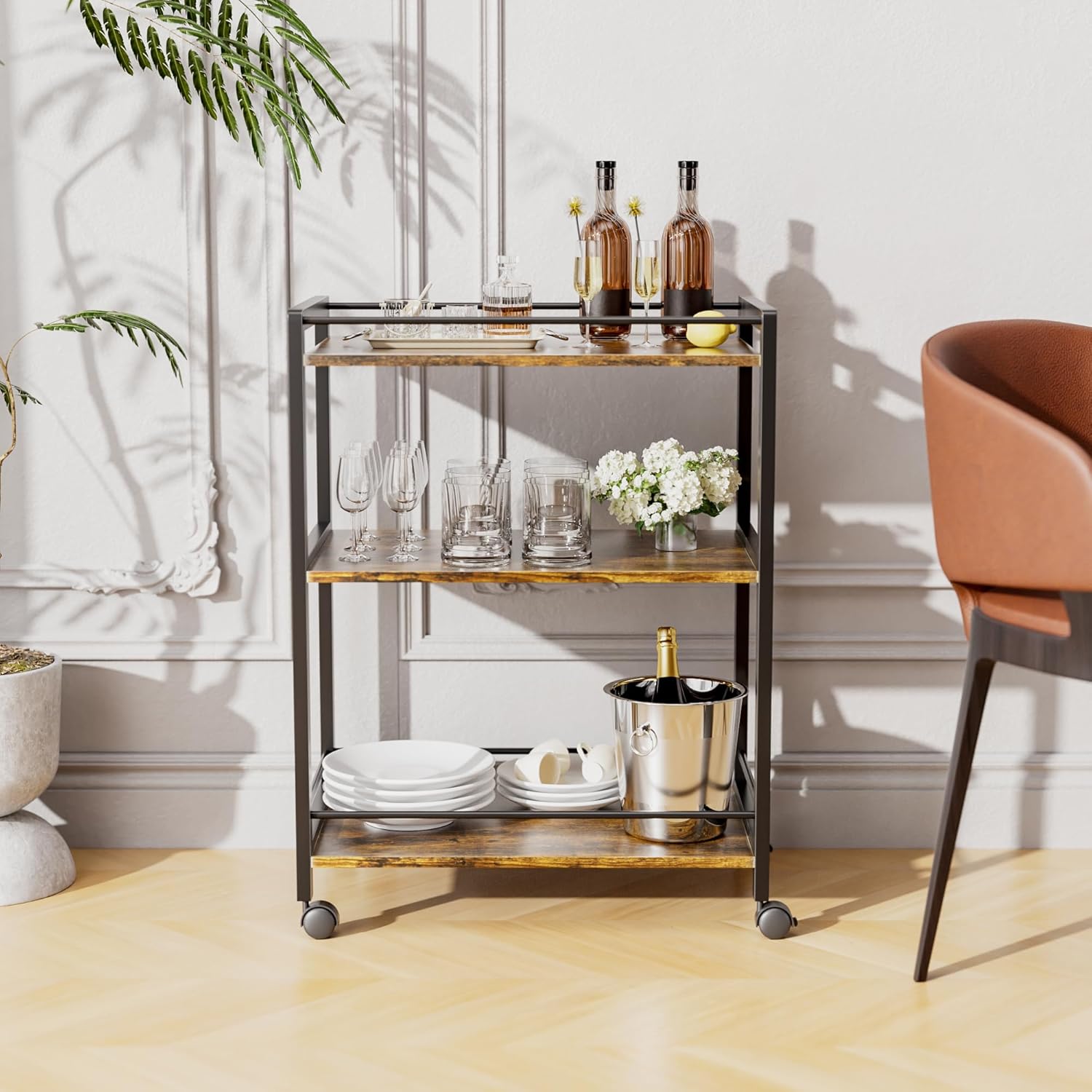 HITNET Bar Cart for The Home, Home Bar Serving Cart with Wheels and Storage Shelves, 3 Tier Rolling