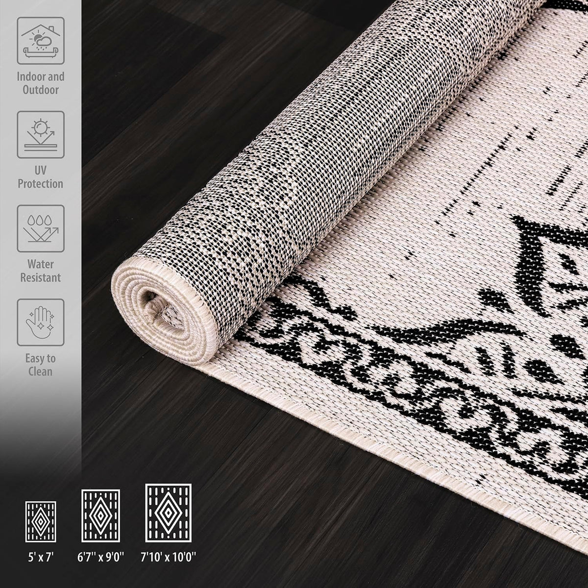 CAMILSON Outdoor Rug, 5x7 Medallion White Black Modern Area Rugs for Indoor and Outdoor Patios