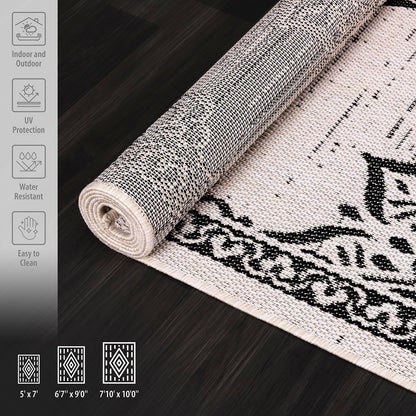 CAMILSON Outdoor Rug, 5x7 Medallion White Black Modern Area Rugs for Indoor and Outdoor Patios