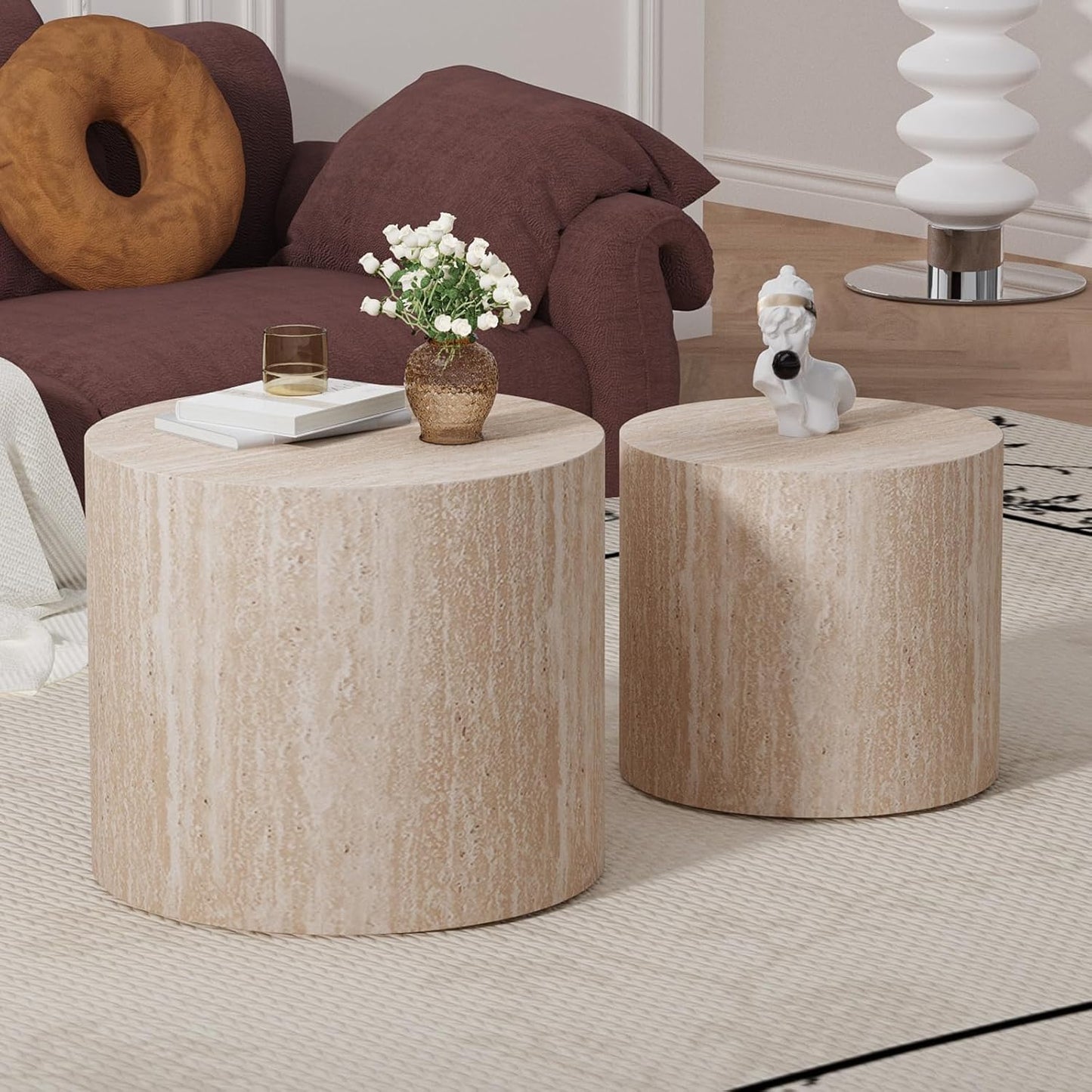 Round Nesting Coffee Table Set of 2 Modern Wood Coffee Tables Handcraft Drum Coffees Table