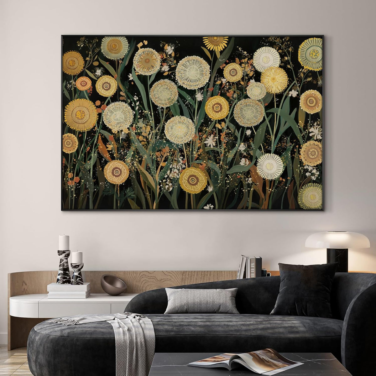 SIGNWIN 46"x72" Extra Large Framed Wall Art Whimsical Dandelion Field in Yellow and Green, Playful