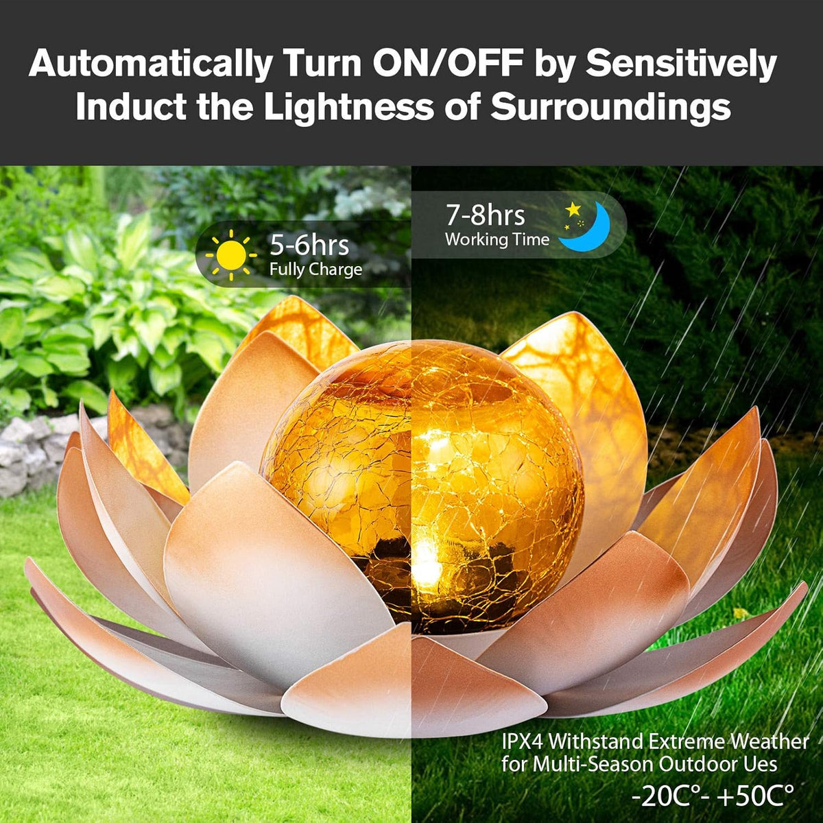 Garden Solar Lights Outdoor(2Pack) , Amber Crackle Globe Glass Lotus Decoration , Waterproof Orange