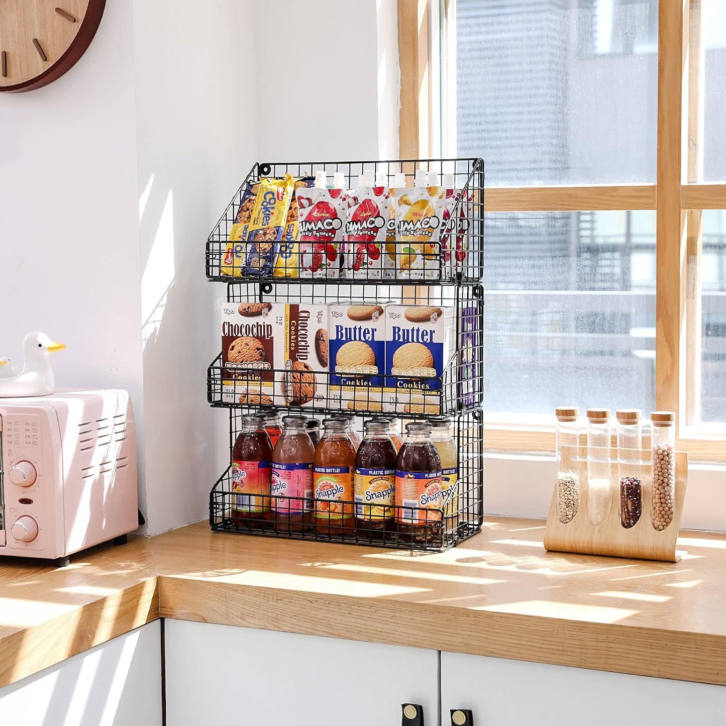 X-cosrack 3 Tier Large Stackable Snack Organizer - Versatile Wall Mounted Wire Storage Basket with
