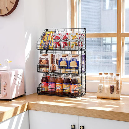 X-cosrack 3 Tier Large Stackable Snack Organizer - Versatile Wall Mounted Wire Storage Basket with