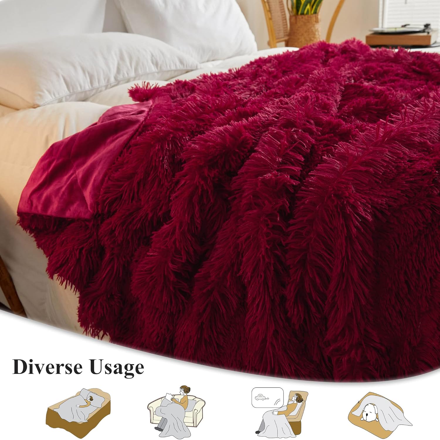 XeGe Luxury Faux Fur Throw, Red Soft 50x60 Fluffy Blanket, Shaggy Plush Decorative Couch Blanket
