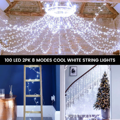 2 Pack String Lights Battery Operated with Timer, 66FT 200 LED Waterproof Battery Twinkle Lights, 8