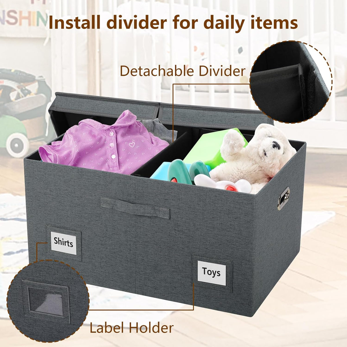 75 Quarts Extra Large Decorative Storage Bins with Lids, 3 Packs Dark Gray Collapsible Storage Bins