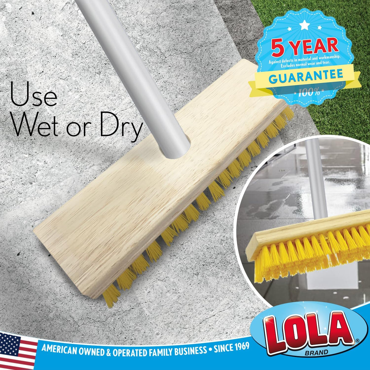 Lola Products Deck Scrub Brush Broom, 9" x 3.5" Wide, Durable Bristles Remove Dirt, Grime, Grout