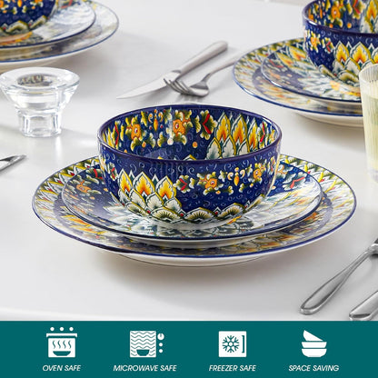 vancasso 12 Pieces Dinnerware Sets, Blue Plates and Bowls Set, Porcelain Dishes Set for 4