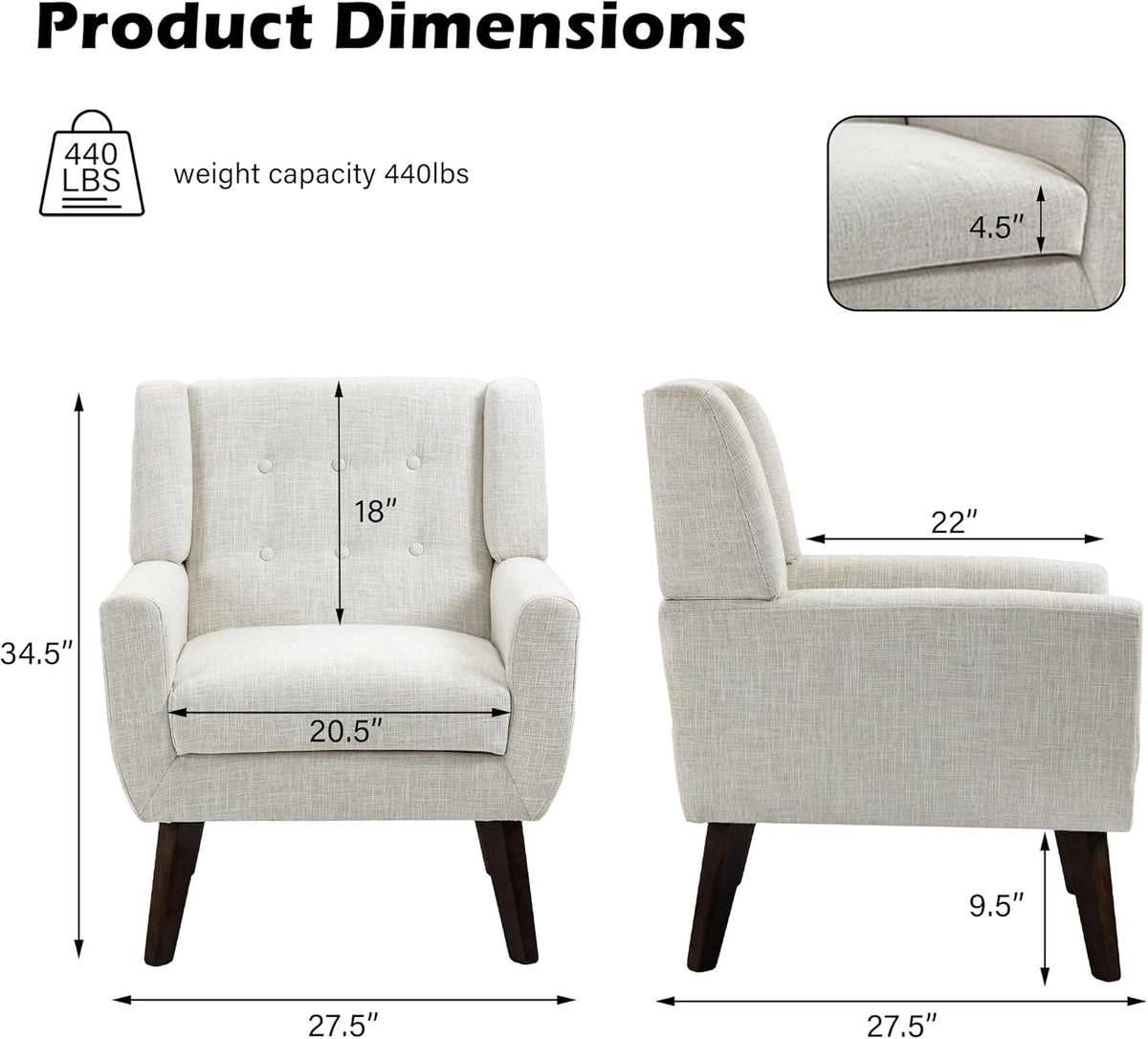 UIXE Accent Chair Modern Upholstered Armchair, Comfy Living Room Arm Chairs Mid Century Single Sofa