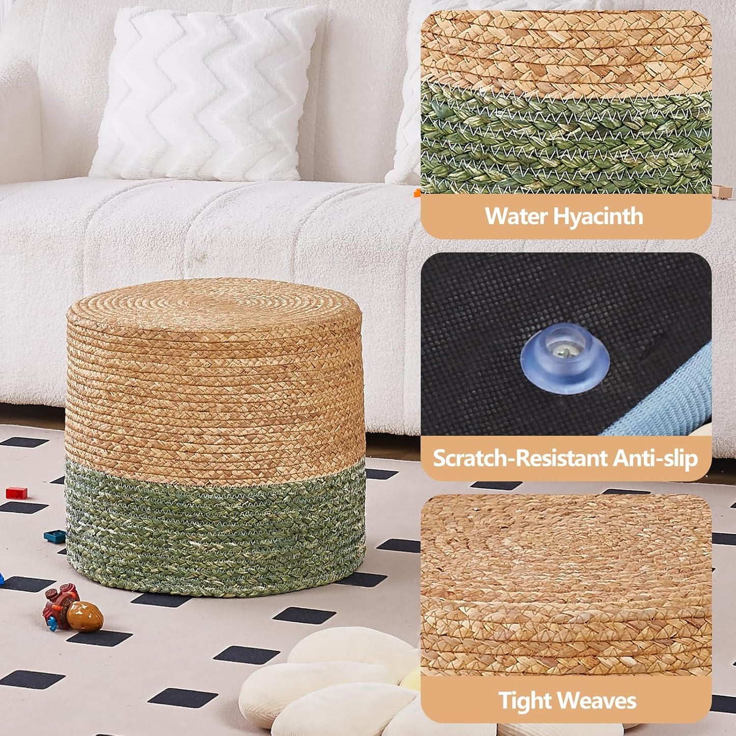 Wimarsbon 18'' Ottoman Pouf, Natural Braided Poof, Rustic Handweave Lounge Pouffe, Boho Footrest