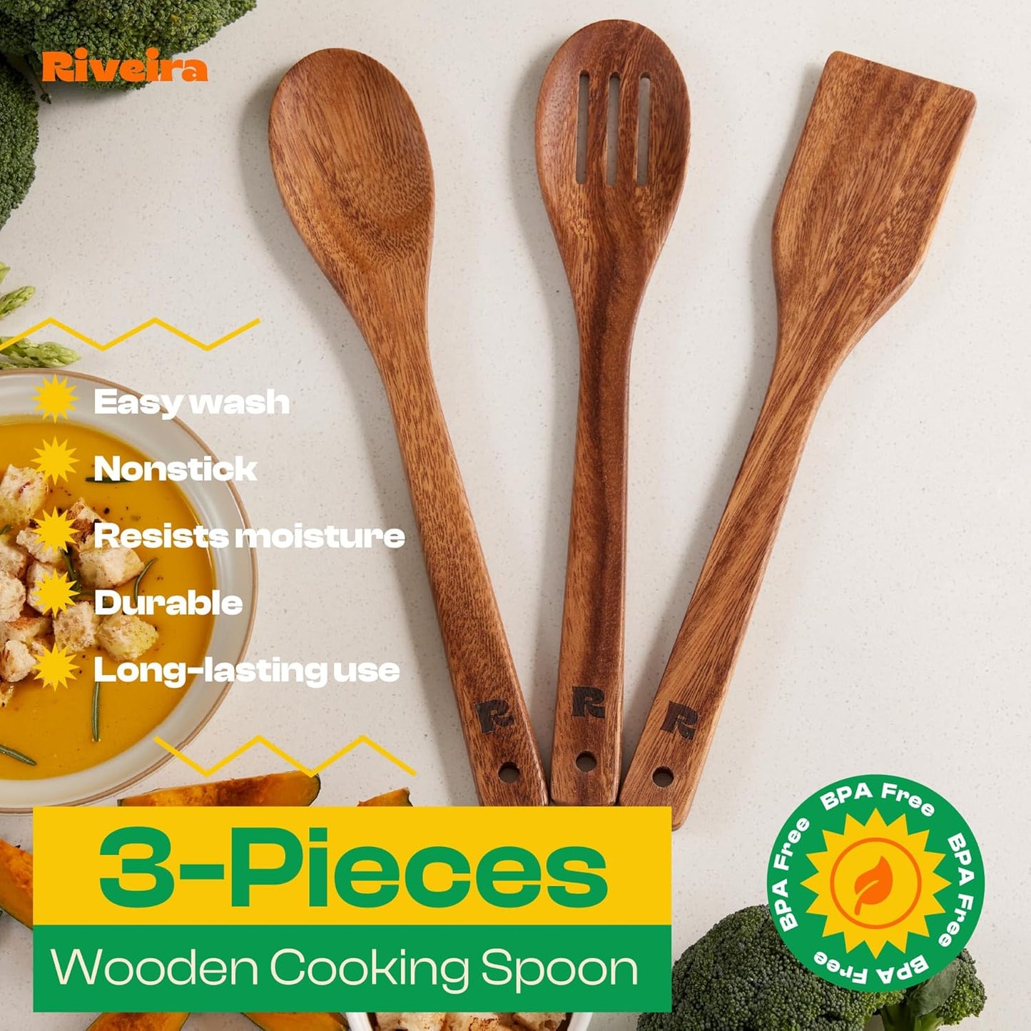 Riveira Walnut Wooden Spoons for Cooking Set of 3 – Natural Walnut Wooden Cooking Utensils