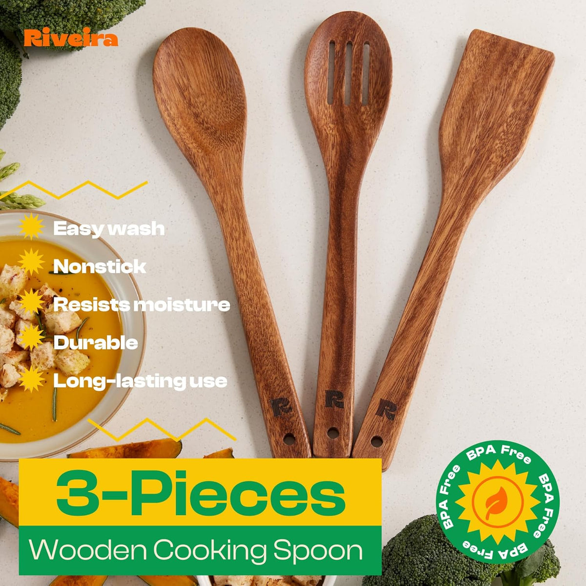 Riveira Walnut Wooden Spoons for Cooking Set of 3 – Natural Walnut Wooden Cooking Utensils