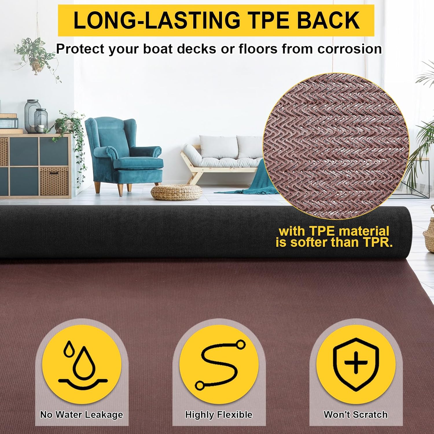 Marine Carpet,6 FT x 23 FT Black Indoor Outdoor Carpet 0.2" Thick Boat Carpet with Water-Proof TPE