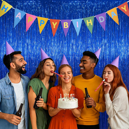 3 Pack 3.3x8.2 Feet Blue Foil Fringe Backdrop Curtains, Tinsel Streamers Birthday Party