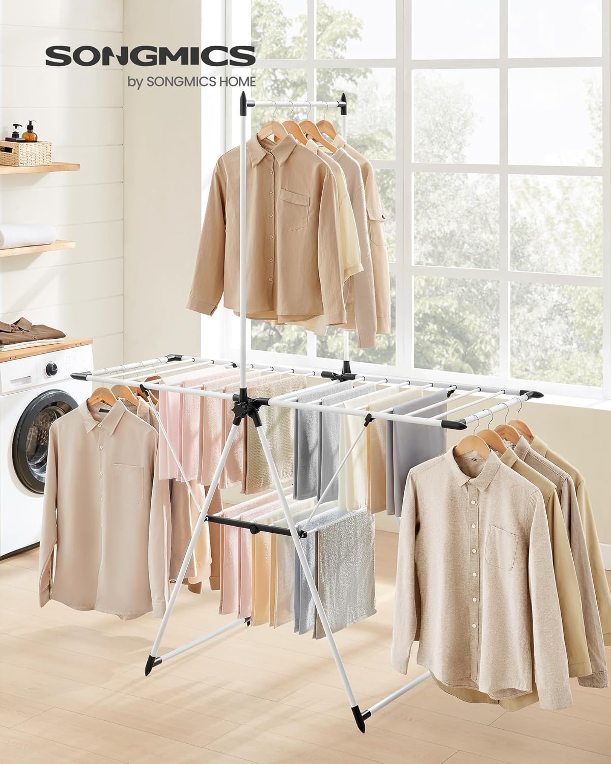 SONGMICS Clothes Drying Rack, Foldable 2-Level Laundry Drying Rack, Free-Standing Airer, 1