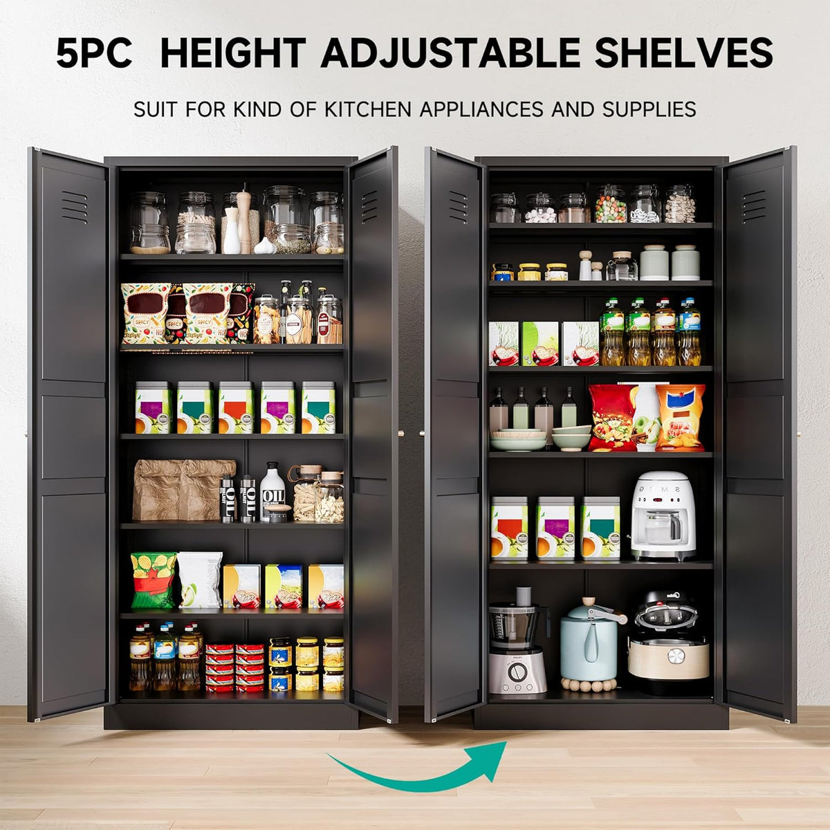 SISESOL Black Storage Cabinet,71" Tall Pantry Cabinet,Kitchen Pantry Storage Cabinets with 2 Doors