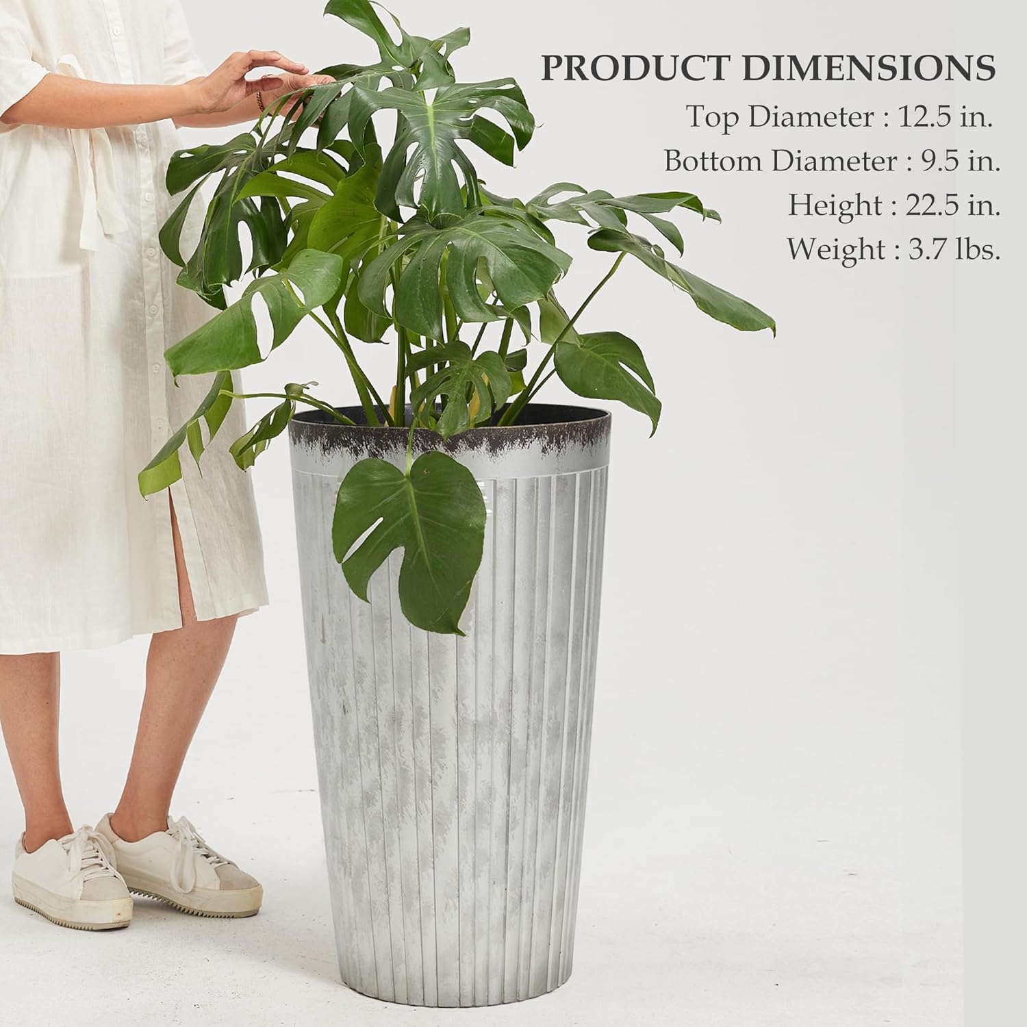 Worth Garden 22.5" H. Plastic Planters - Set of 2 Silver Color Tall Conical Plant Pots for Indoor