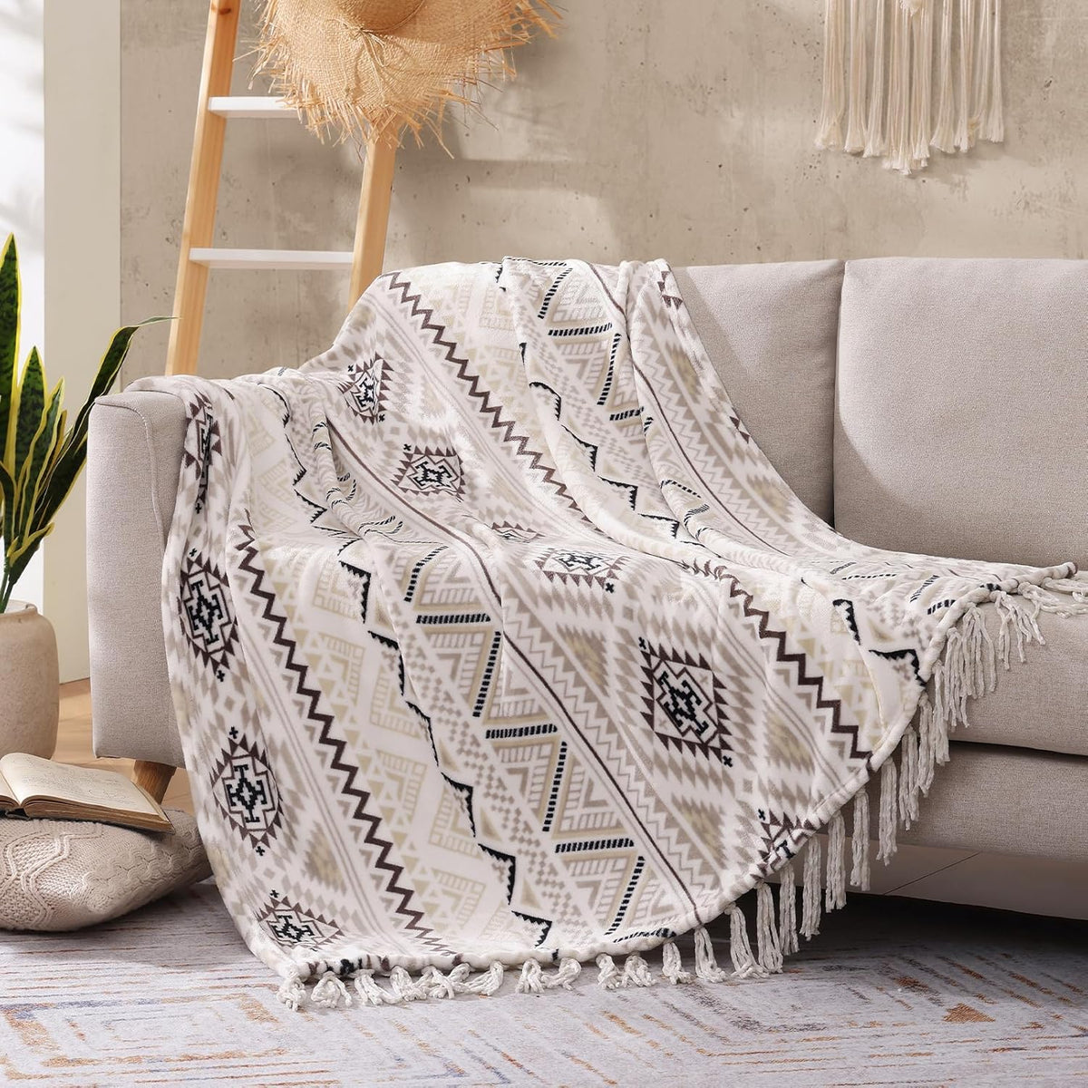 CASAAGUSTO Boho Throw Blanket - Beige and Gray Decorative Blankets with Tassel, Printed Flannel