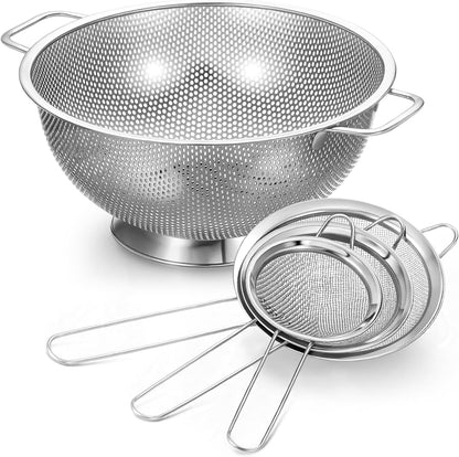 Norme 4 Quart Stainless Steel Silver Colander and 3 Pcs Silver Fine Mesh Strainer, Stainless Steel