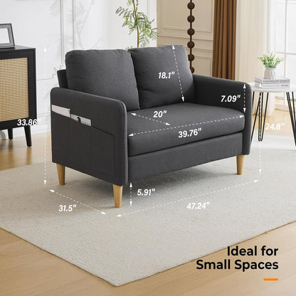 VINGLI 47" Small Couch, Dark Grey Linen Loveseat Sofa Mini Couch Mid Century Modern Decor Love Seat