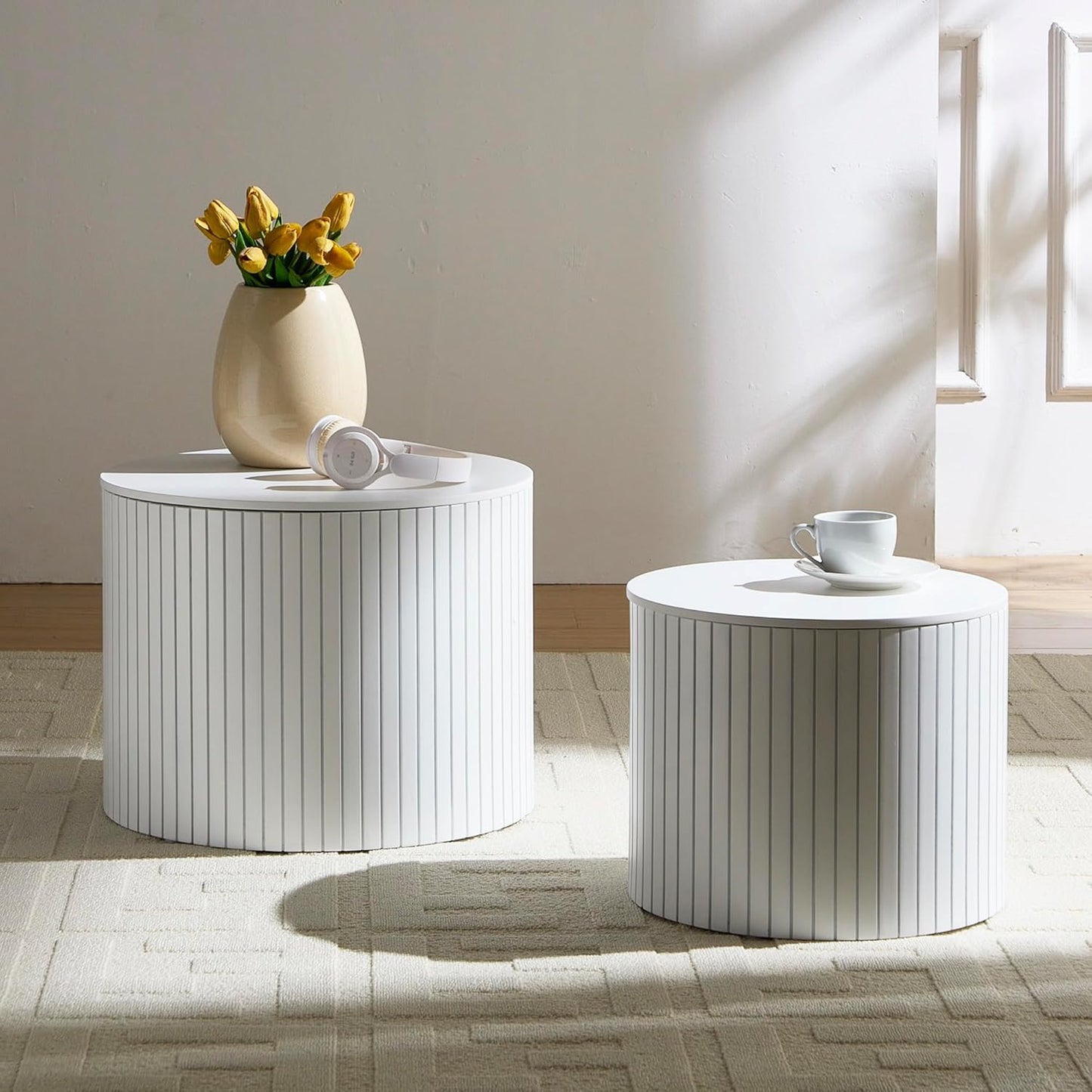 Nesting Cofee Tables Set of 2 with Storage, Modern Round Wooden Coffee Table Circle Side Tables
